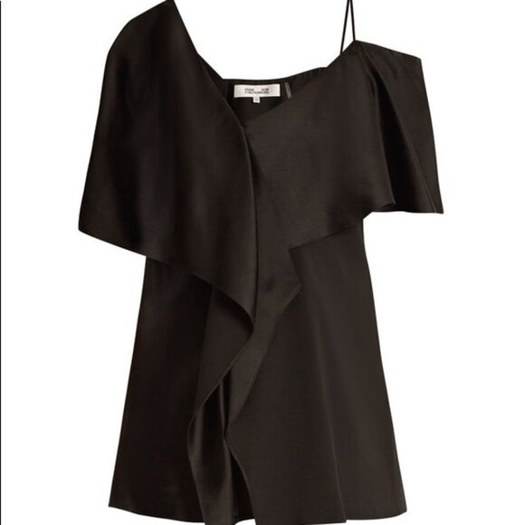 DIANE Von Furstenberg Black Asymmetrical Ruffle Sleeveless Blouse S - Picture 3 of 7